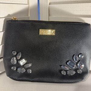 Bebe Black Satin Clutch Gemstone Embellished Gold Hardware Evening Bag
